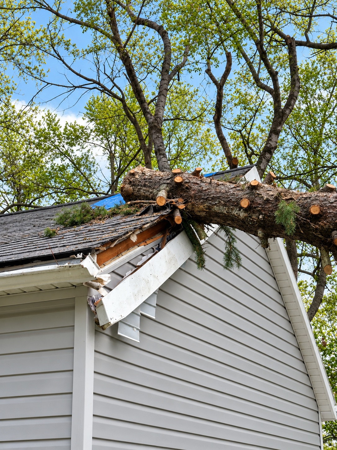 Tree down on the roof edge and gable corner