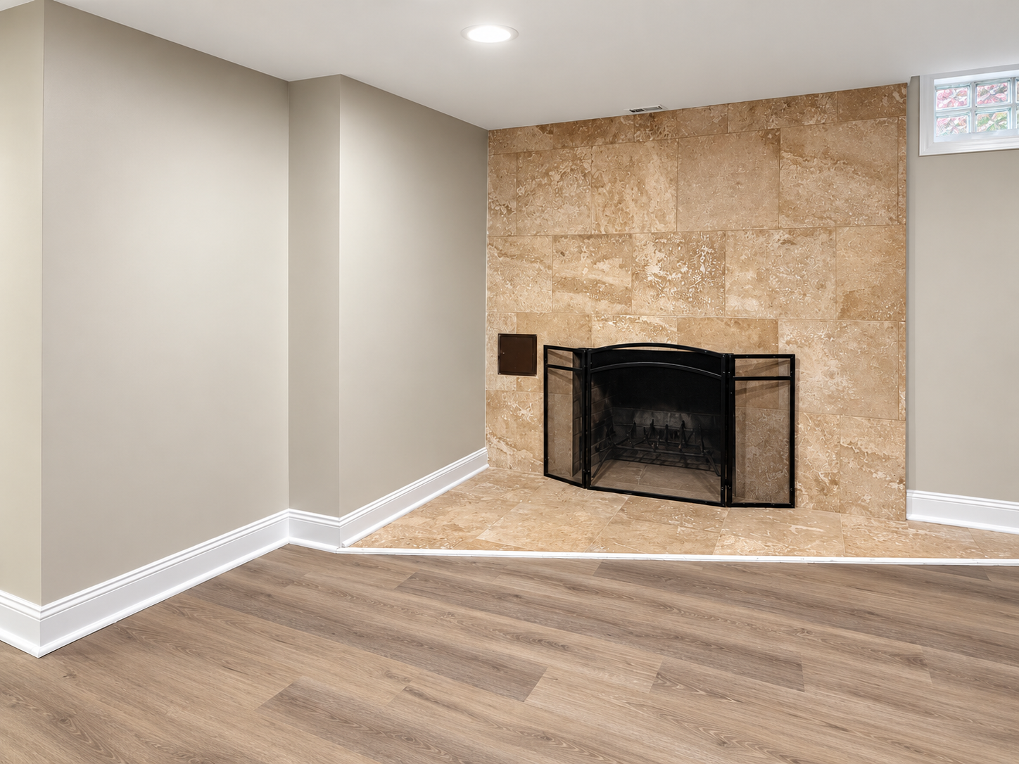 Stone fireplace wall and new flooring